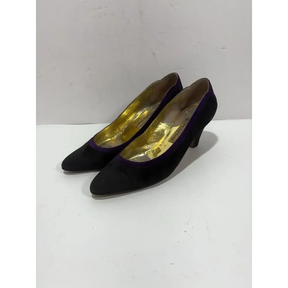 Vintage Saks Fifth Avenue Attilio‎ Curione Italy Black Purple Suede 8 Shoes Heel